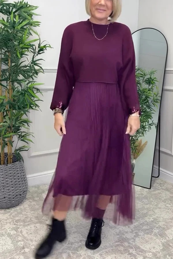 Fenna Ribbed Sequin Trim Batwing Sleeve Sweater and Pleated Tulle Stretch Tank Midi Dress Two-piece Set