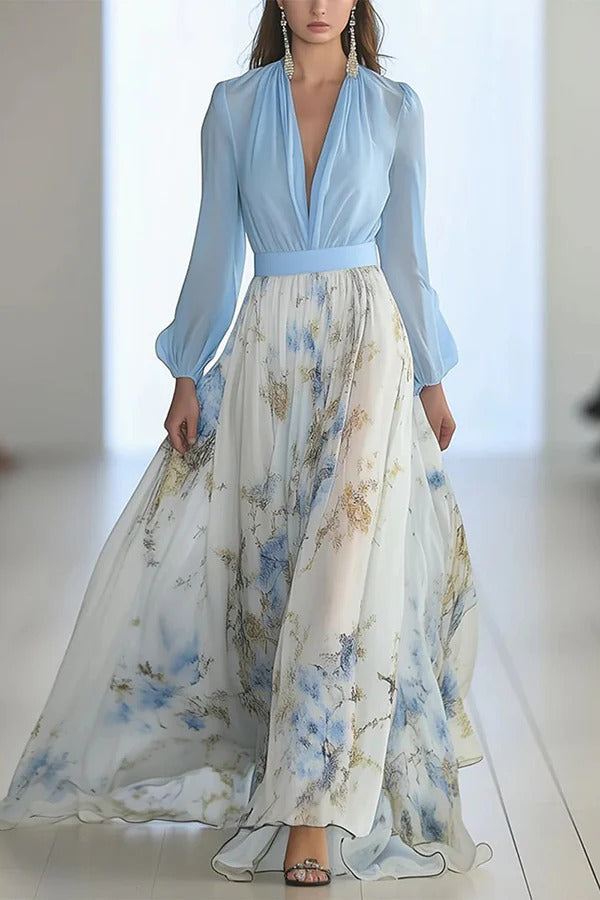 Plant Print V-neck Long Sleeve Elegant Stitching Maxi Dress