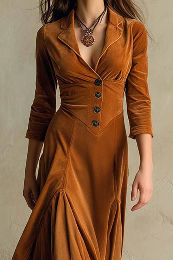 Brown Elegant Retro Suit Collar Velvet Long Dress