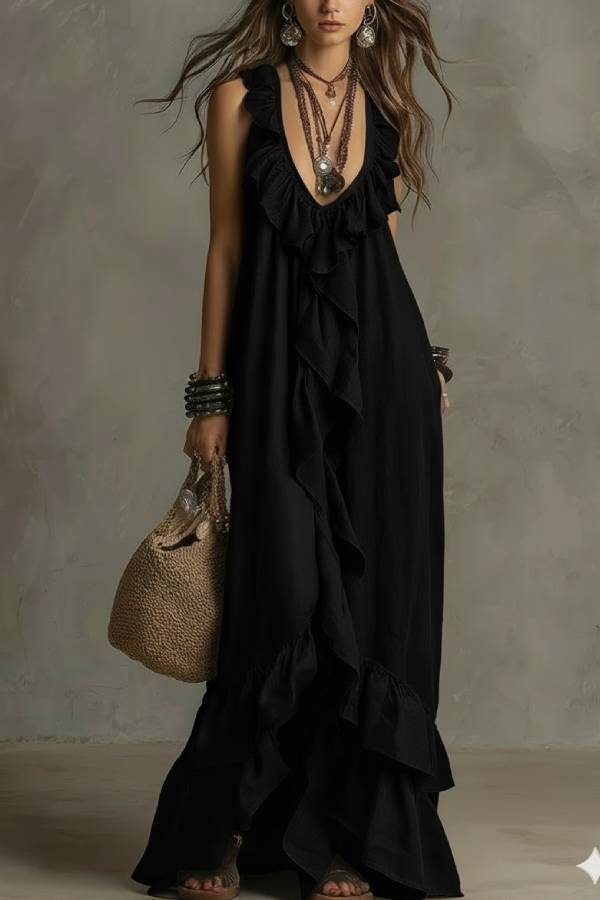 Bohemian Deep V-Neck Ruffle Sleeveless Maxi Dress