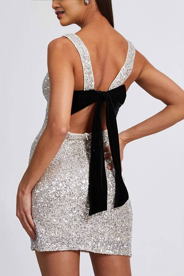 Sequined backless bow sleeveless party mini dress