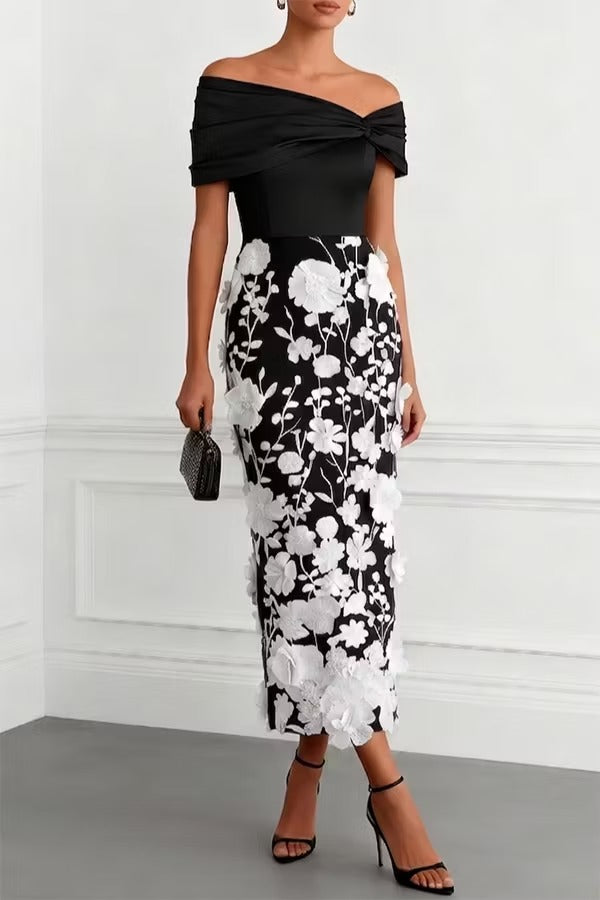 Classic 3D Floral Embroidery Off The Shoulder Short Sleeve Sheath Midi Dress