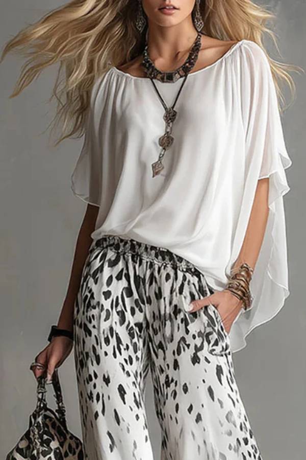Flowy White T-shirt And Leopard Print Chiffon Pants Set