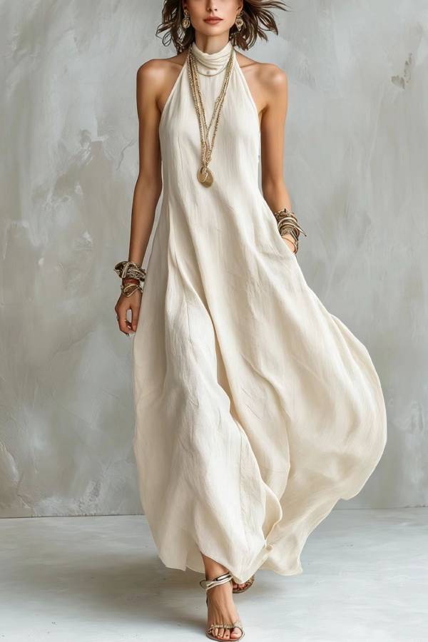 Multi-Color Textured Halter Open-Back Maxi Dress