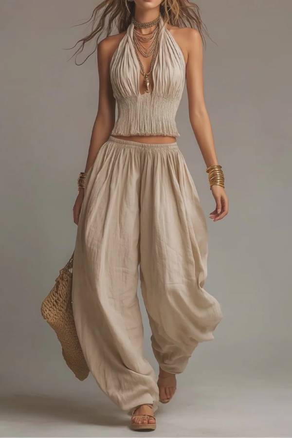 Halter Deep-V Ruched Crop Top & High Waist Harem Wide Leg Pants Two-Piece Set