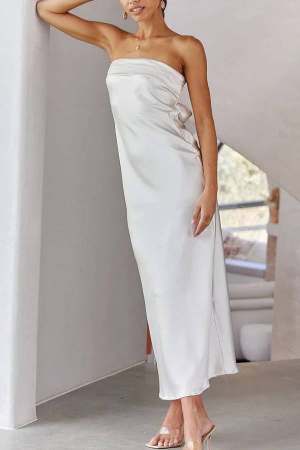 Strapless Satin & Print Fitted Maxi Dress