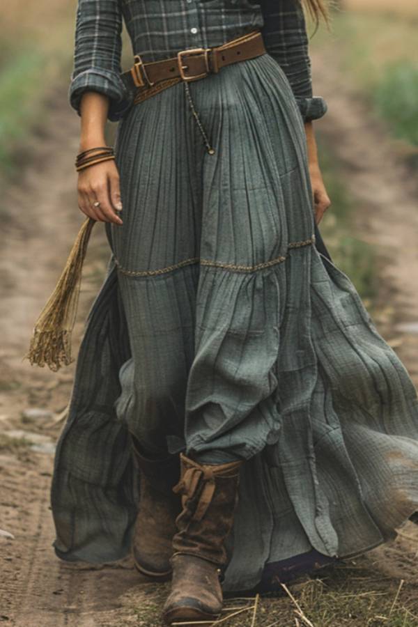 Wilderness plaid bohemian long skirt