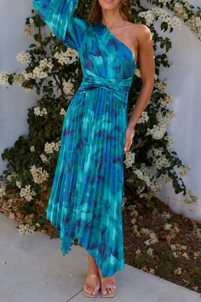 Rita Floral Pleated One Shoulder Elastic Waist Midi Dress