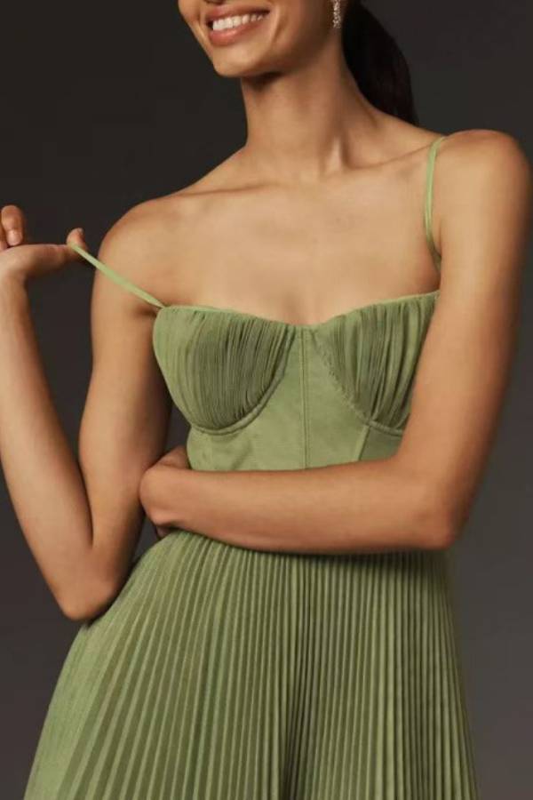 Spaghetti strap bra-style pleated long dress