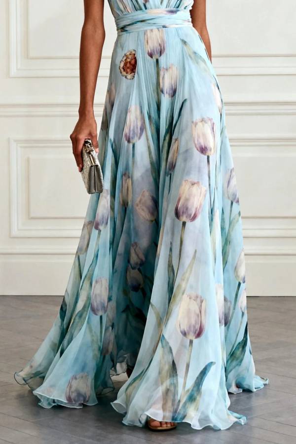 Light Blue Floral Print Chiffon V-neck Sleeveless Maxi Dress