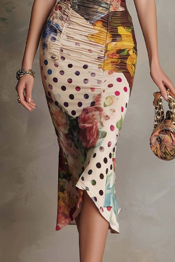 Vintage Oil Painting Polka Dot Lace Square Neck Ruched Bodycon Midi Dress