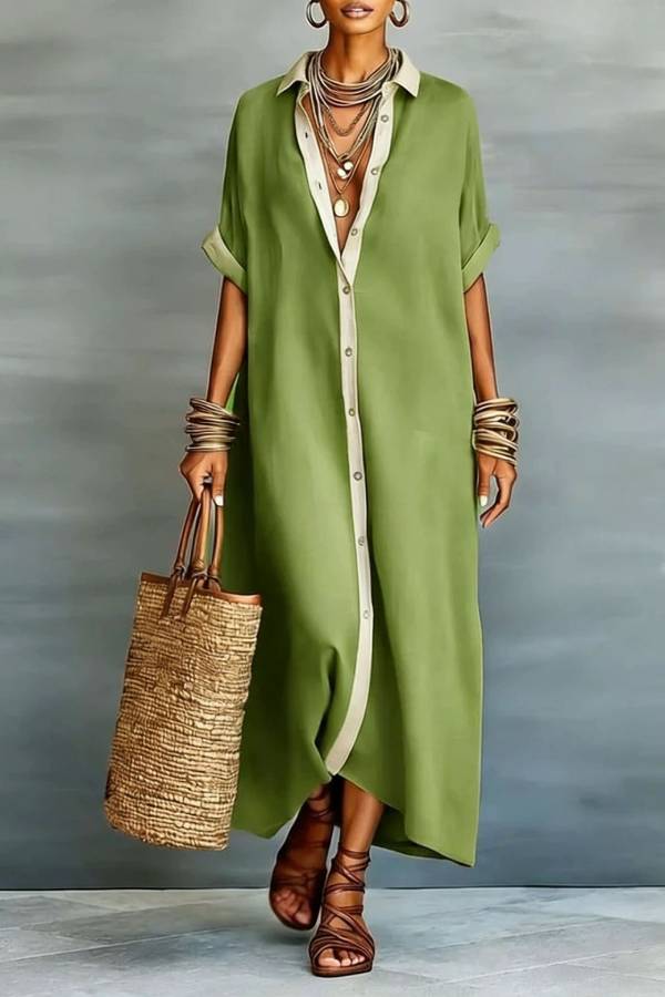 Color Contrast Collar Long Shirt Dress
