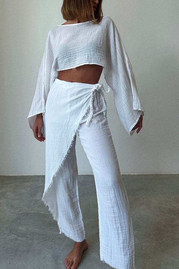 Woven Lace-up Cotton and Linen Two-piece Set