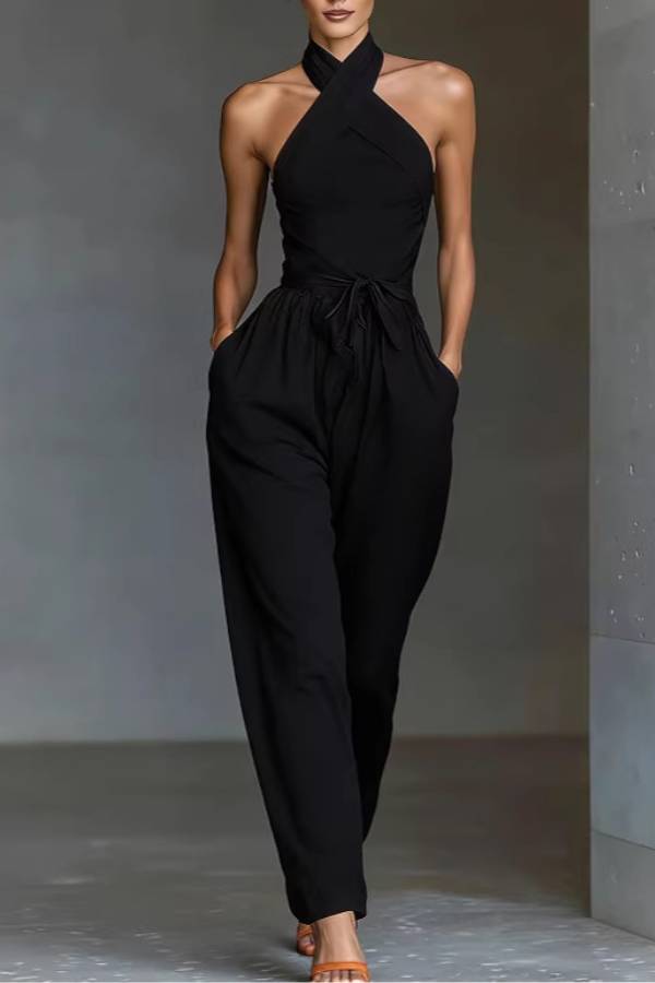 Halter Cross-Tie Waisted Wide-Leg Jumpsuit