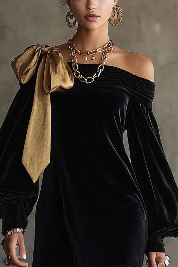 Black Velvet And Gold Satin Patchwork Off The Shoulder Mini Dress