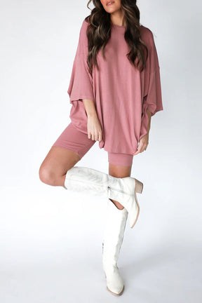 Fashion solid color loose fitting T-shirt+tight shorts for women