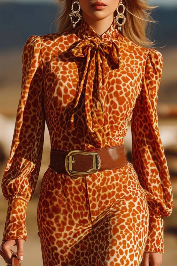 Retro Ruffled Orange Leopard Velvet Maxi Dress