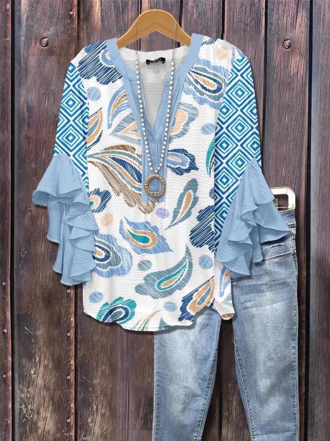 Retro-print ruffled bell sleeve V-neck top