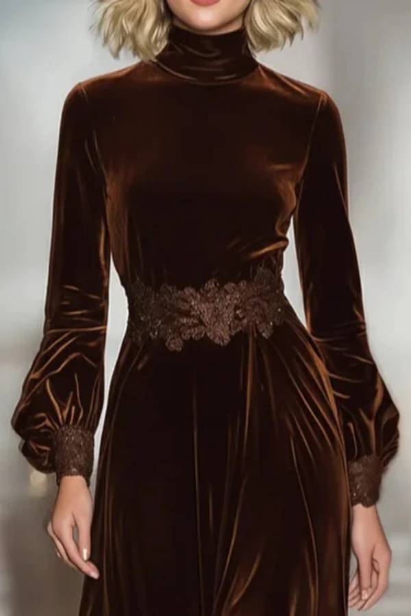 Lace Patchwork Turtleneck Balloon Sleeve Velvet Maxi Dresses