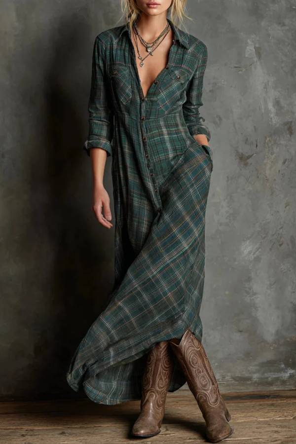 Green Plaid Lapel Single-Breasted Shirt Long Dress
