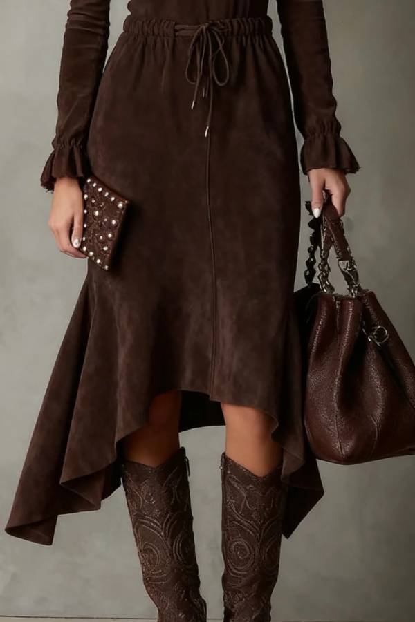 Vintage Suede High Neck Irregular Midi Mermaid Dress