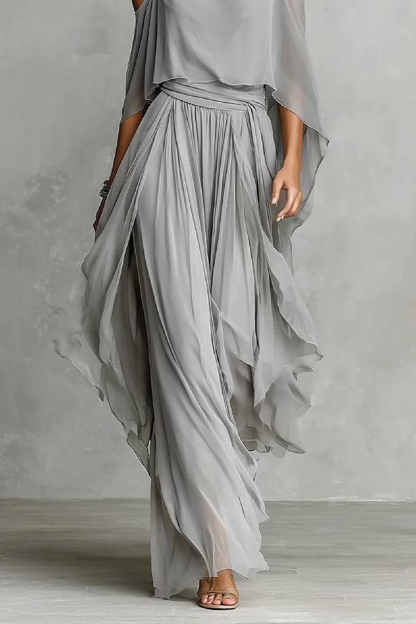 Grey off-shoulder flowy camisole and trousers chiffon set