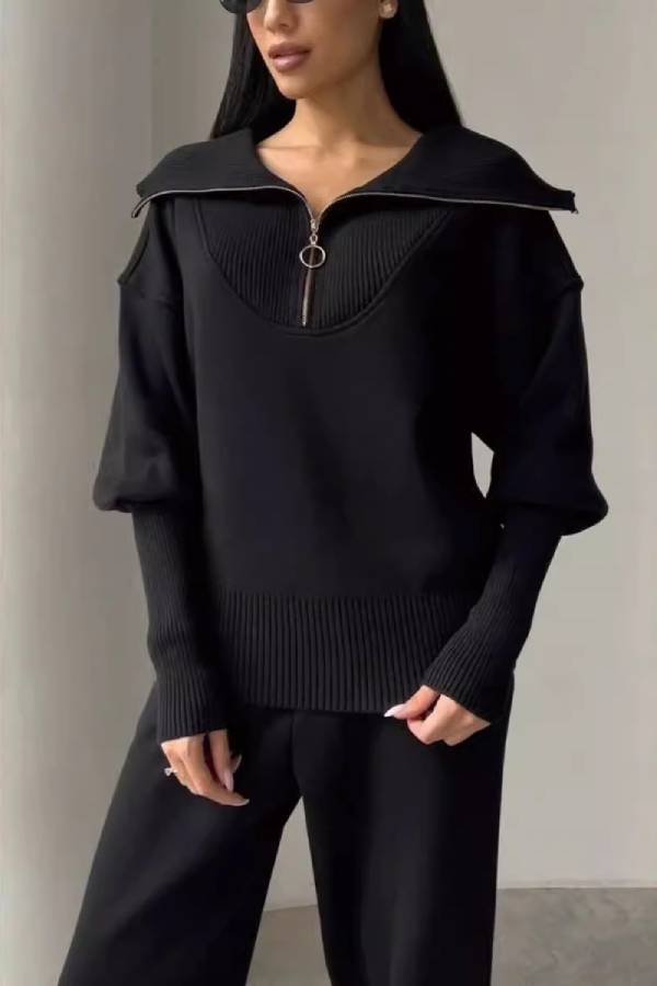 Half-open collar zipper lazy style knitted suit