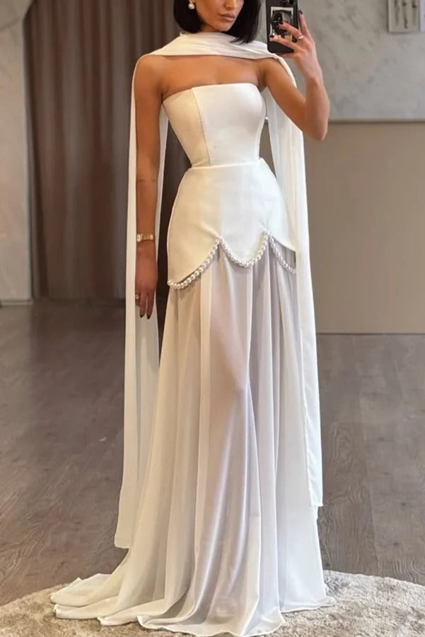 Jiya Satin Petal Hem Pearl Detail Chiffon Cape Strapless Maxi Dress