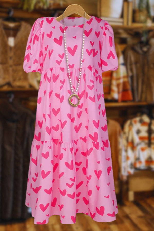 Sweetie Heart Print Puff Sleeve Midi Dress