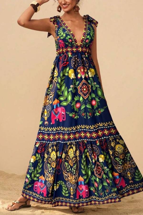Bohemian Deep V Tie Print Long Swing Dress
