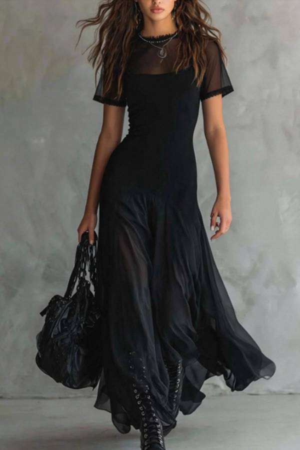 Black Mesh Patchwork Sheer Flowy Maxi Dress
