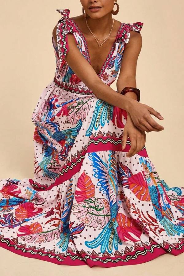Bohemian Deep V Tie Print Long Swing Dress
