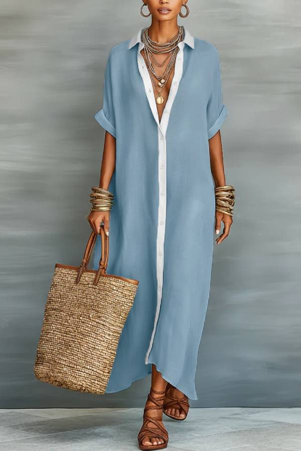 Color Contrast Collar Long Shirt Dress
