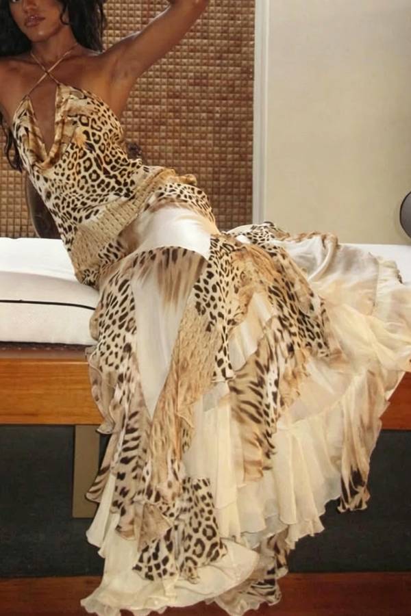 Coral Satin Leopard Print Halter Cowl Neck Exaggerated Ruffles Hem Maxi Dress