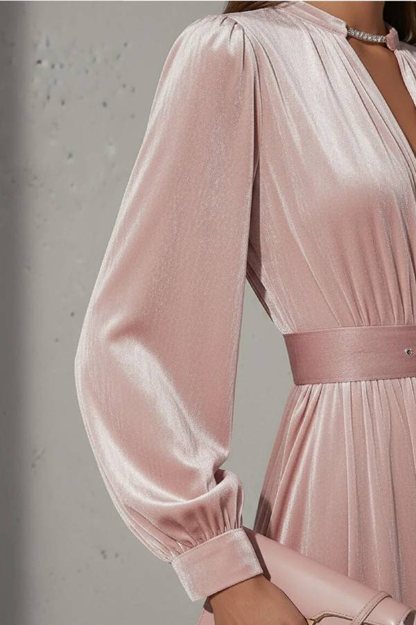 Elegant Light Pink V-Neck Velvet Maxi Dress