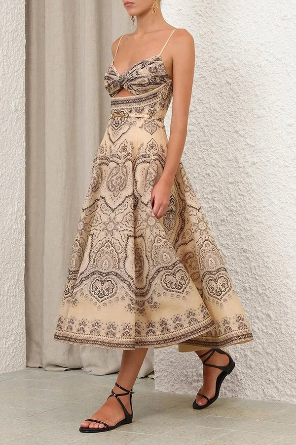 Luna Linen Blend Paisley Print Twist Back Smocked Pocket Slip Midi Dress