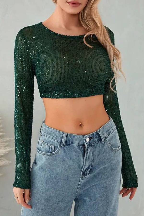 Sequined Crew Neck Long Sleeve Cropped Top