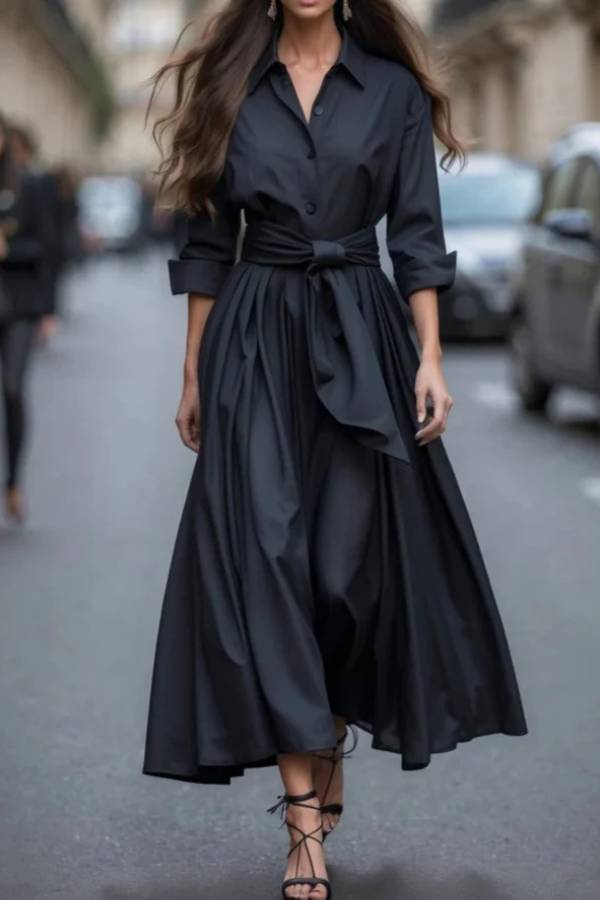 Shirt-collar, fitted-waist long dress
