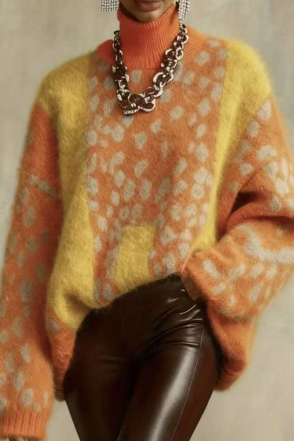Color-Blocked Leopard Print Turtleneck Loose Sweater