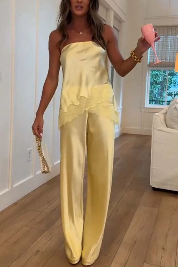 Odessa Satin Floral Lace Hem Strapless Tank and Mid Rise Wide Leg Pants Set