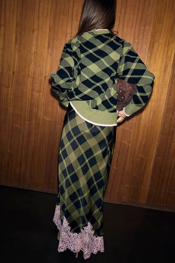 Holiday plaid Satin Unique Print Patchwork Lace Stretch Waist Draped Maxi Skirt