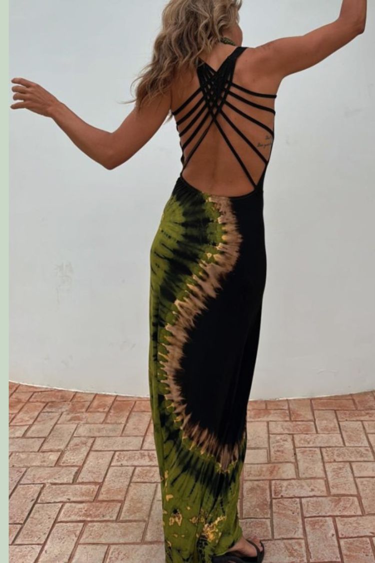 Summer Adventures Tie-dye Print Back Lace-up Stretch Maxi Dress（With built-in bra）