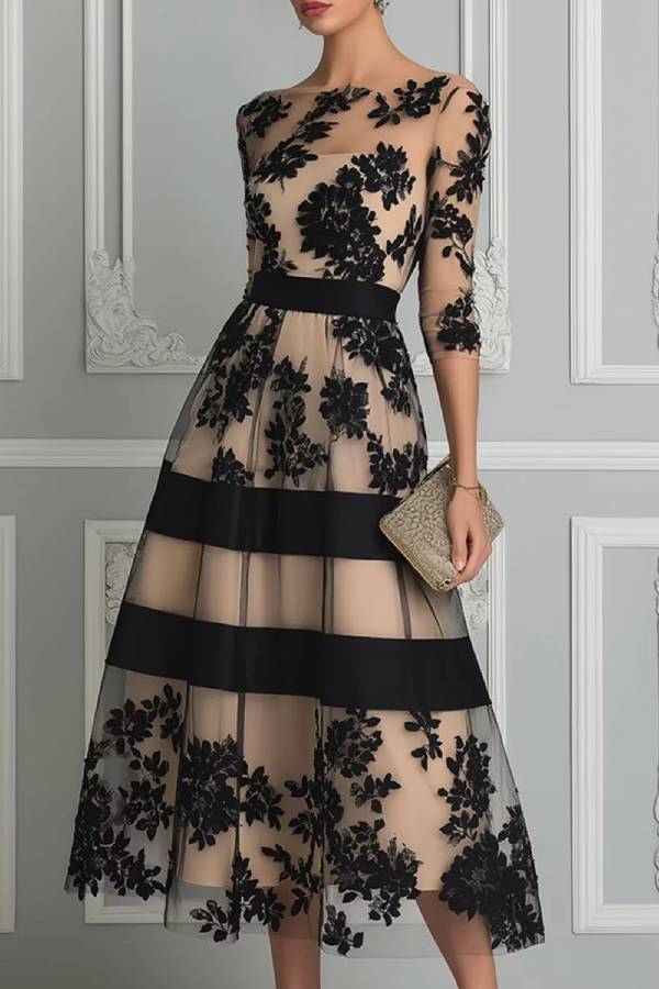 Black Lace Elegant A Line Midi Dress