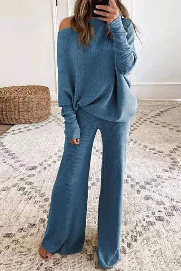 Casual Solid Color One-Shoulder Ladies Knit Set