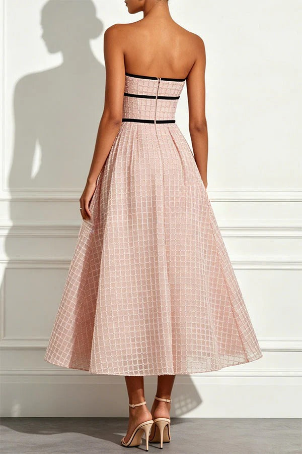 Stardust Plaid and Sequin Bow Patchwork Detail Strapless A-line Midi Dress