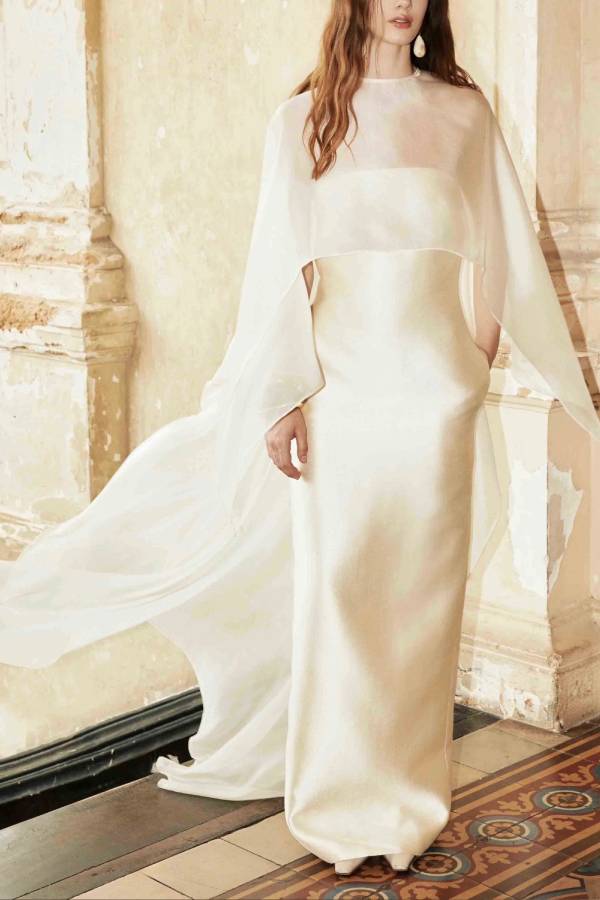 Elegant Sheer Cape Overlay Satin Maxi Dress