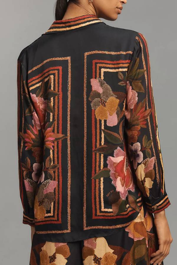 Farm Rio Chenille Flowers Long-Sleeve Buttondown Blouse