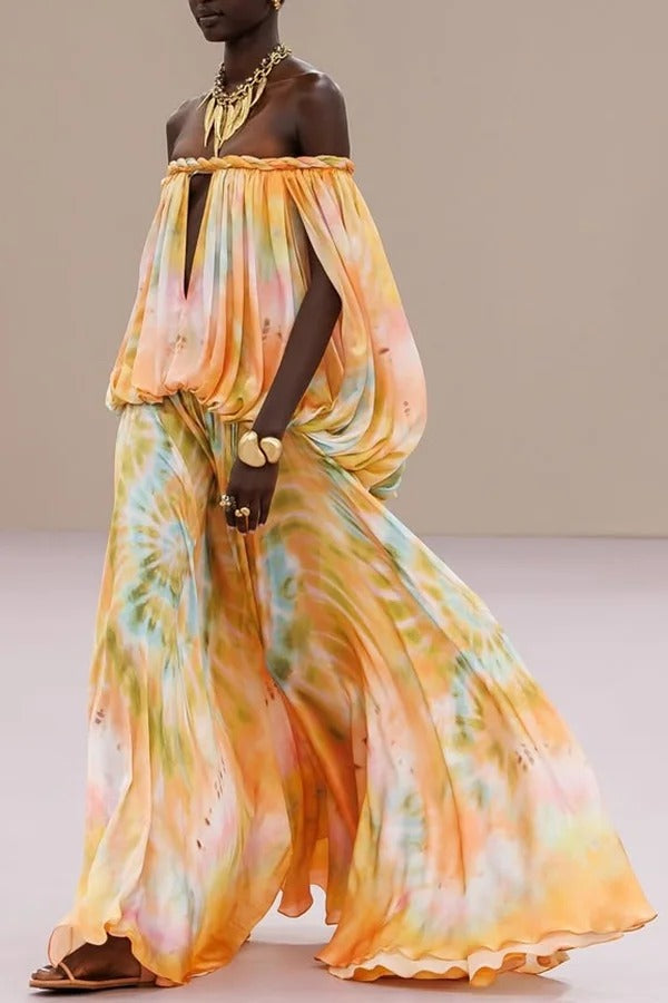 Gorgeous 70s Dream Tie-dye Print Off Shoulder Braid Cutout Detail Drape Maxi Dress