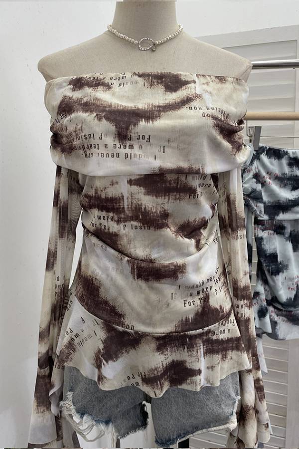 Art print off-the-shoulder pleated mesh top