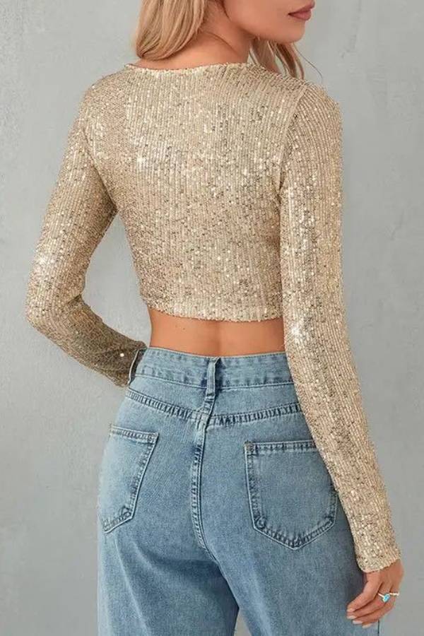 Sequined Crew Neck Long Sleeve Cropped Top